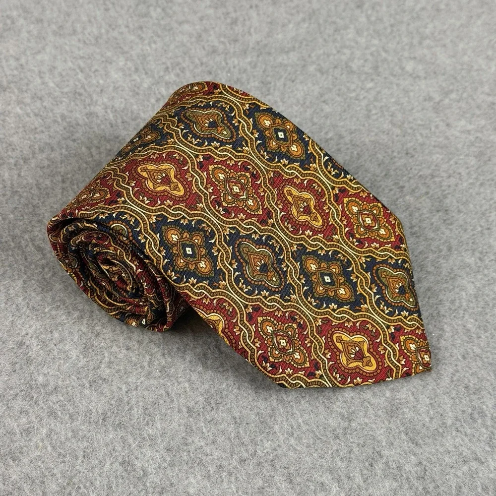 Vintage John Ashford USA Silk Tie Burgundy Navy Gold Medallion Wide 56x3.75